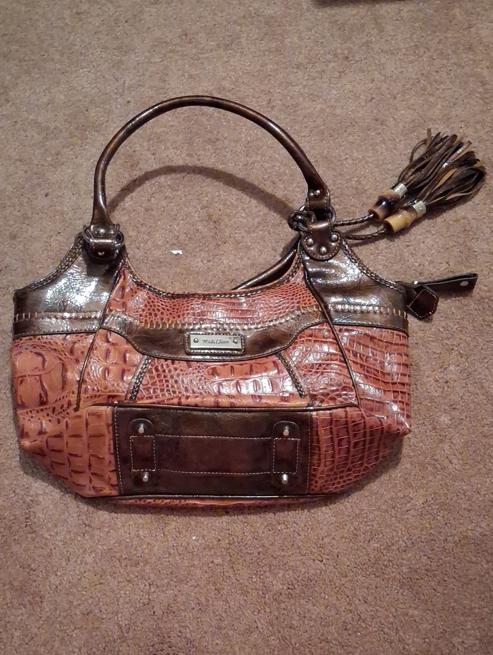 Madi Claire Boho Croc Leather Shoulder Bag Purse Tassel Pull